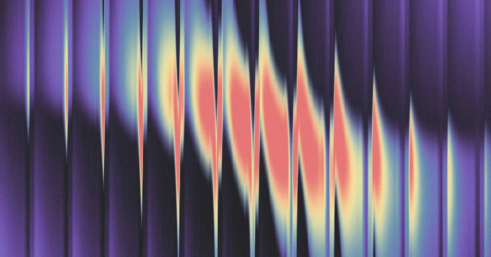 Abstract composition of vertical purple bands with a coral and yellow glow swelling across them, like a sound wave